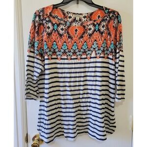Lucky Brand Top Womens Plus Size 1X Pullover Navy Gray Stripe Multicolor Floral